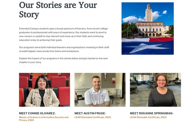 ut-austin extended campus’ student stories, testimonial page examples
